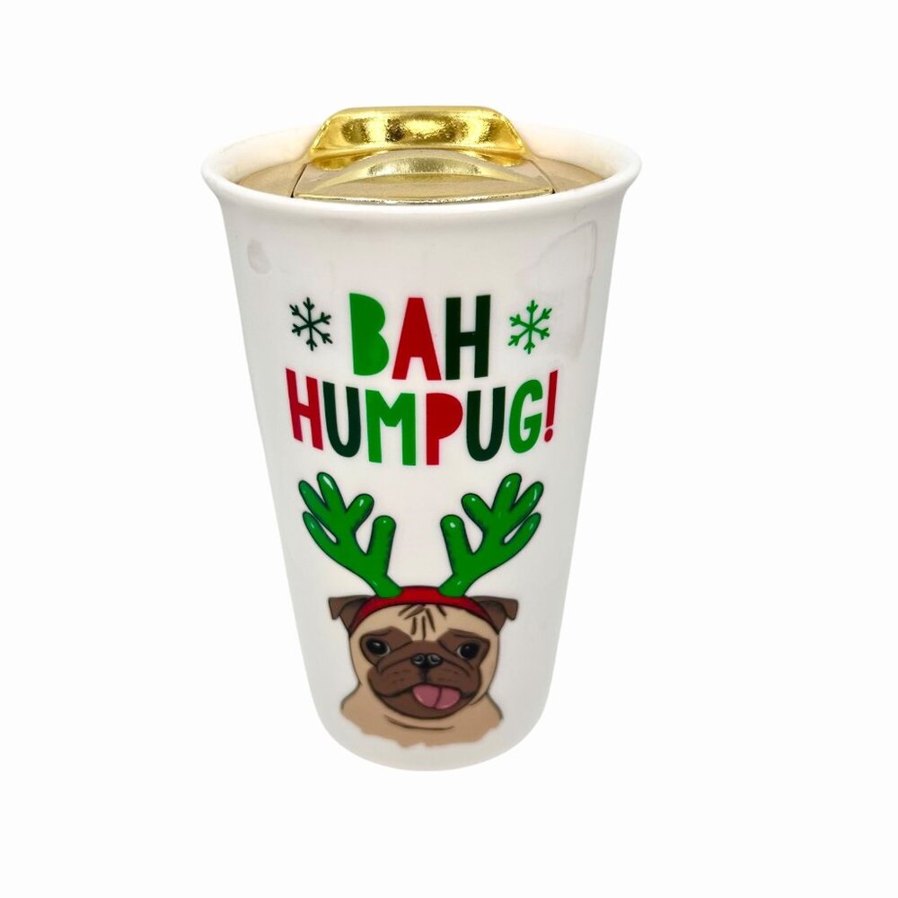 NWT FRANCESCA'S BAH HUMPUG DOG CHRISTMAS HOLIDAY CERAMIC TRAVEL MUG W/ GOLD LID